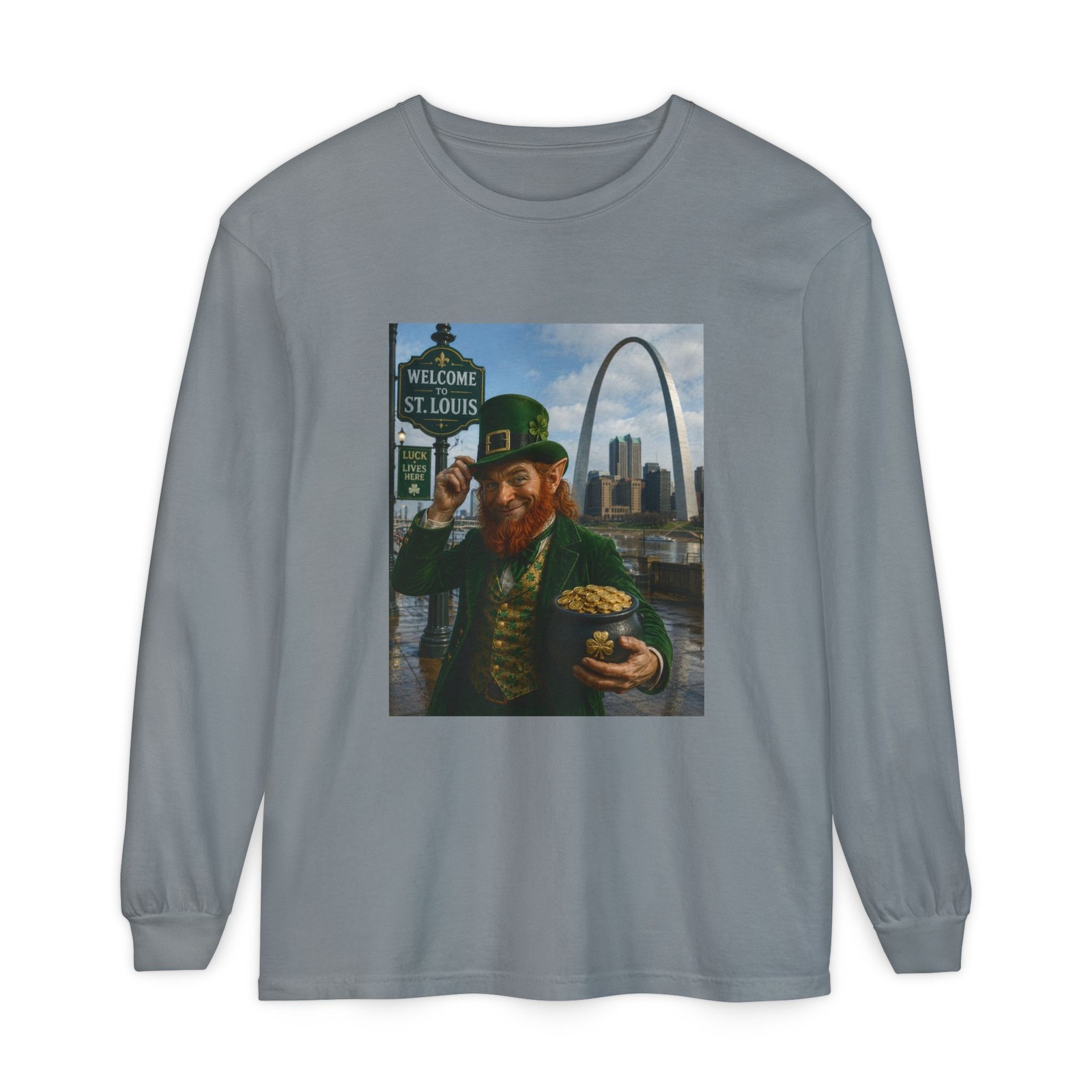 St. Louis Leprechaun Holding Gold Long Sleeve Shirt | Gateway Arch
