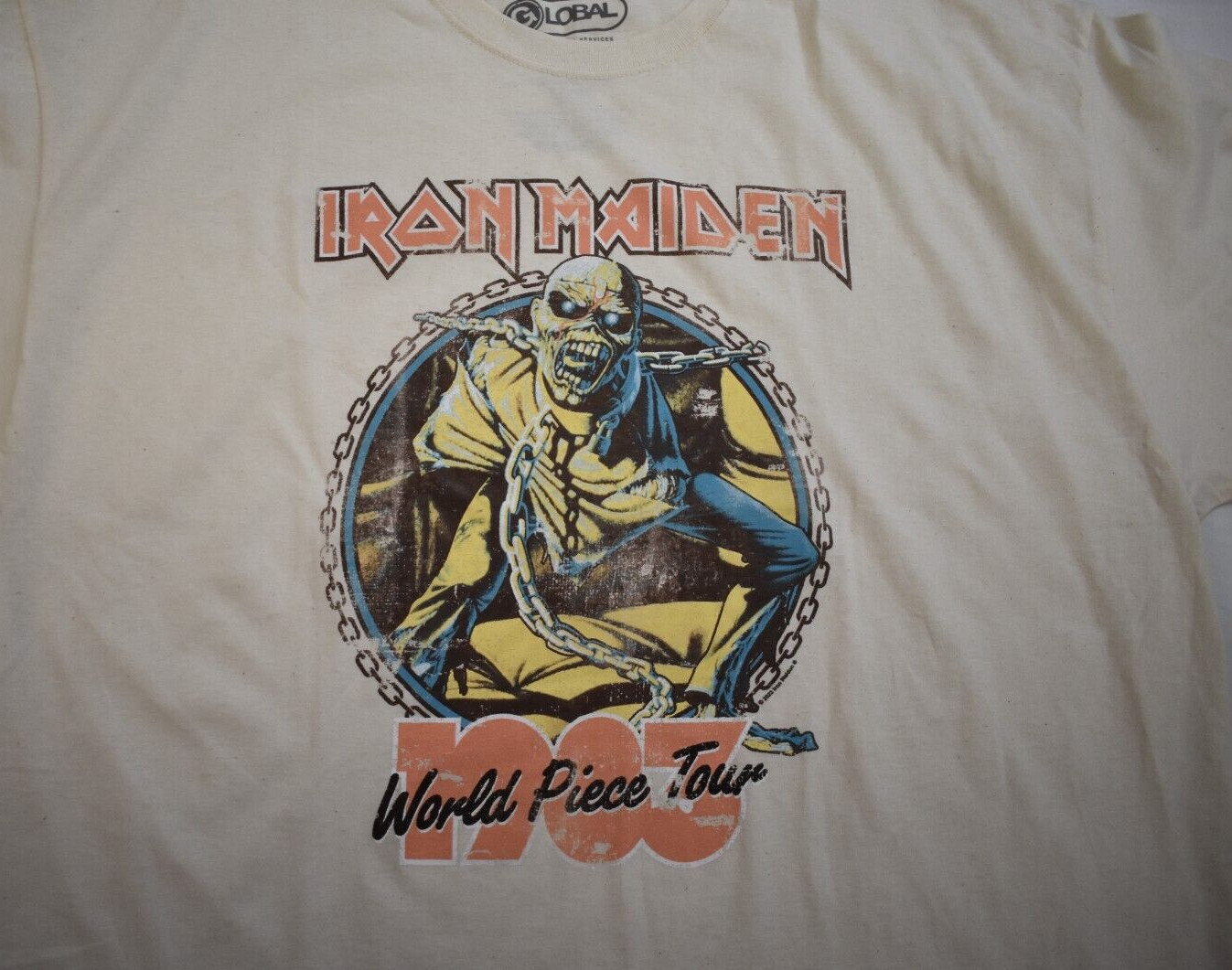 Global Mens Iron Maiden World Piece Tour Retro Graphic Cream Shirt NWT Large
