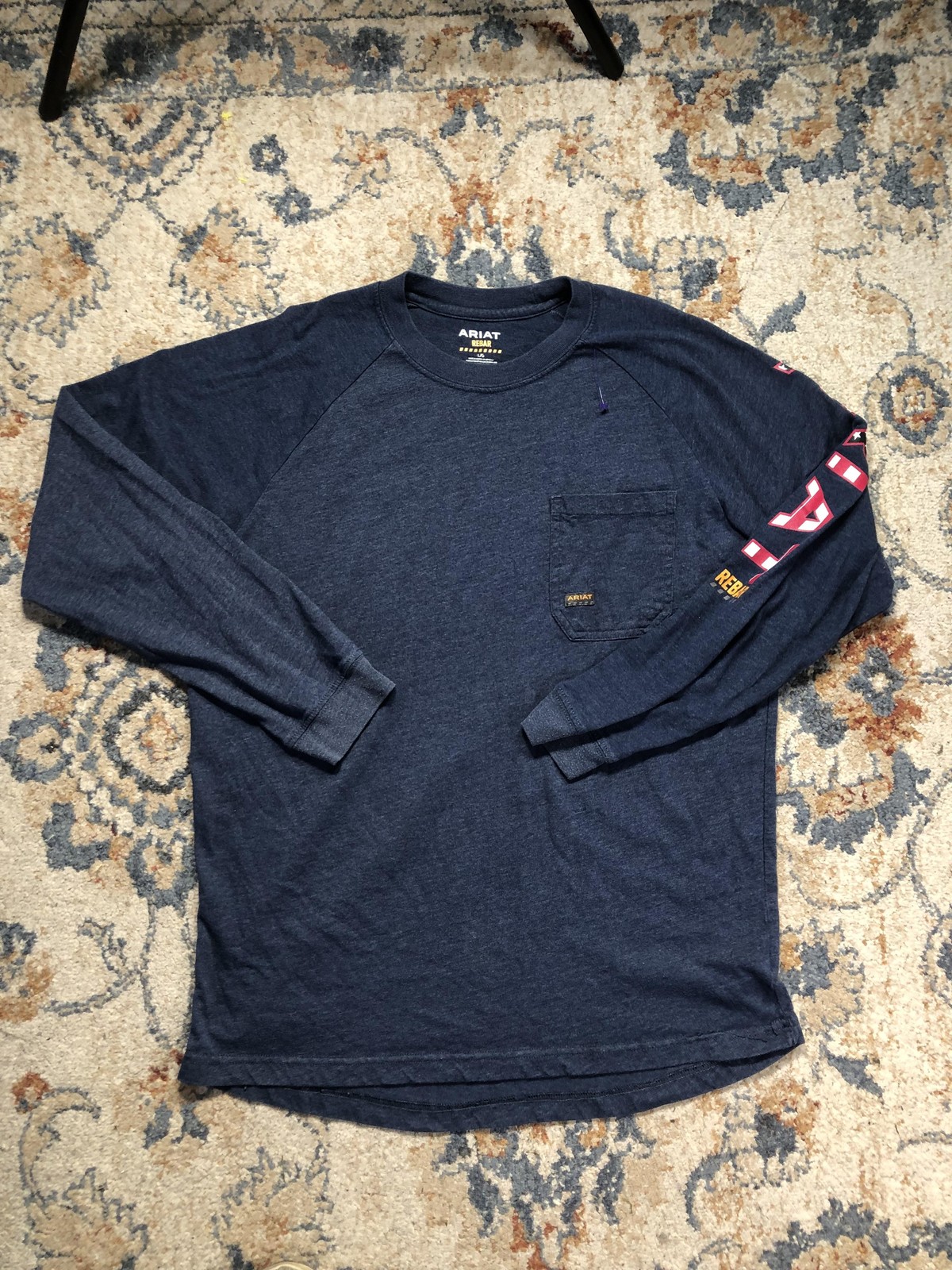 Ariat Rebar Shirt Mens Large Blue Long Sleeve Pocket Workwear Logo Tee Tagless