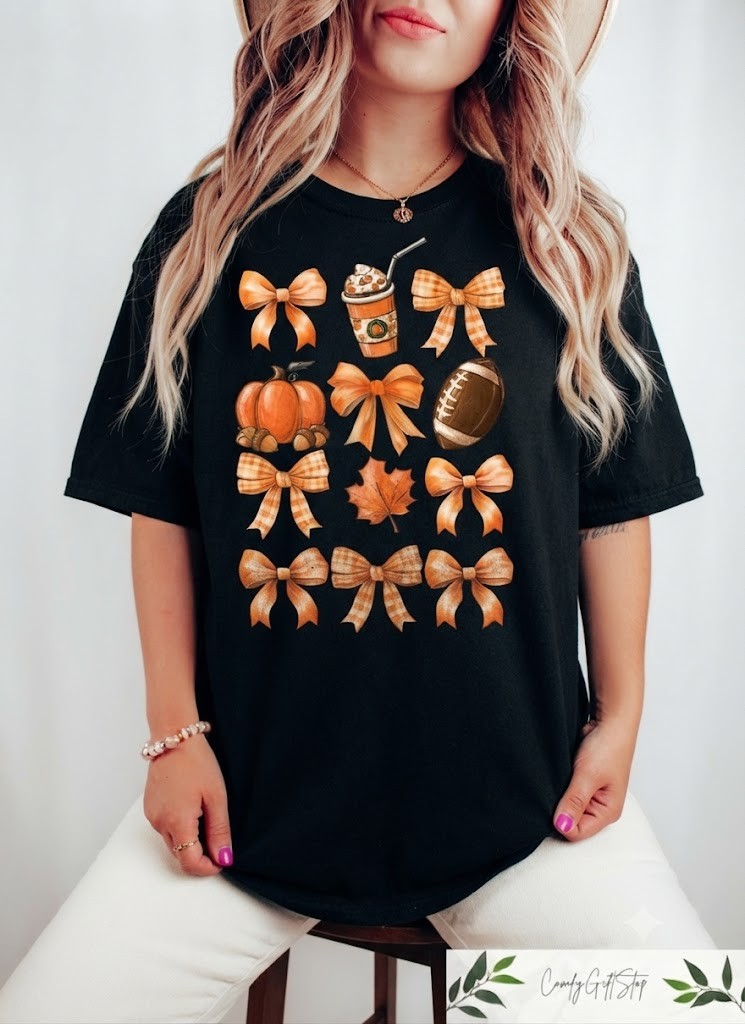Fall Coquette Bow T-Shirt, Pumpkin Coquette Cute Autumn Shirt