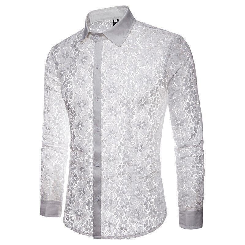 Men&rsquo;s Hollow Out Lace Shirt Nightclub Stage Party Long sleeved Shirts Dress Tops