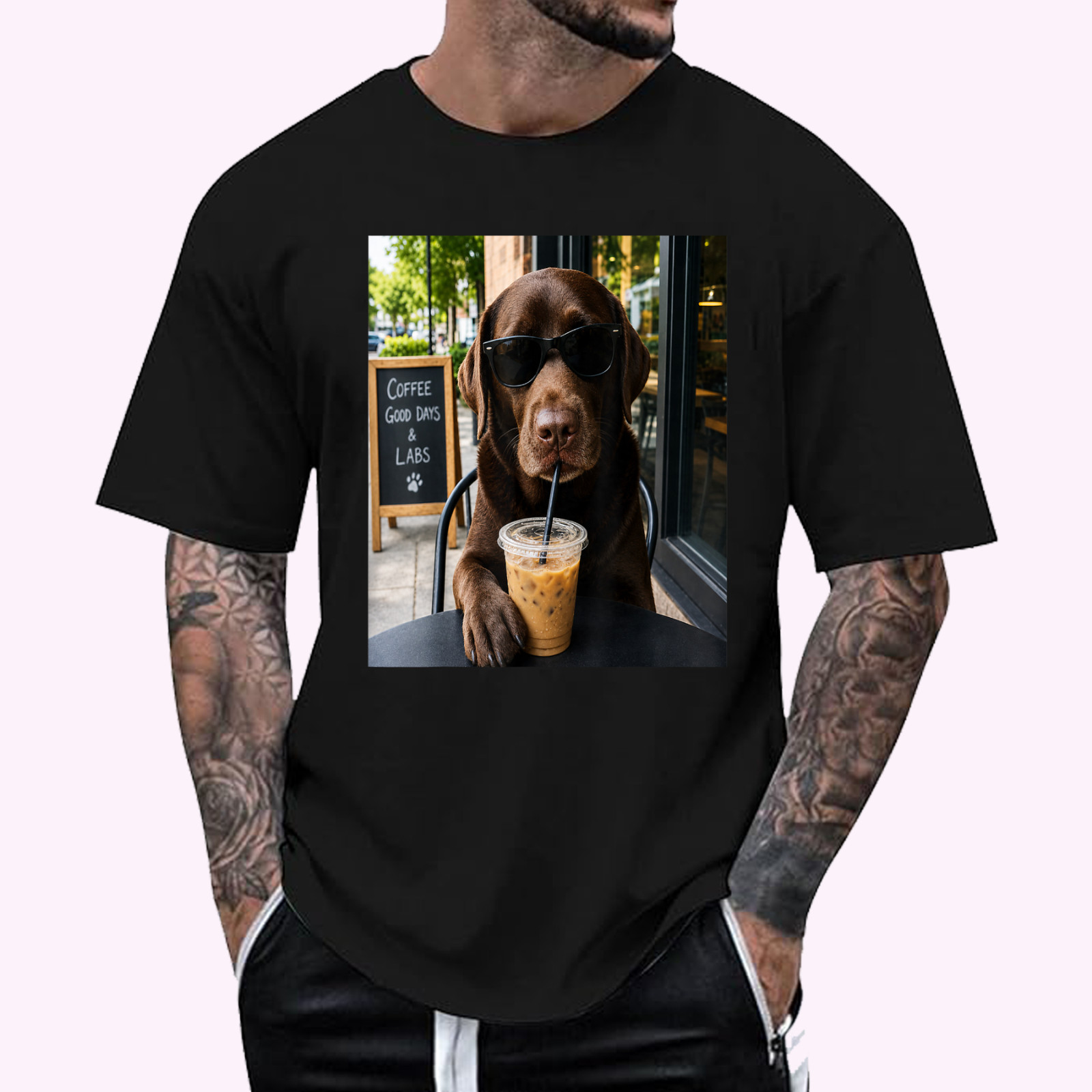 Chocolate Lab Coffee Funny Dog Cafe Lover Art T-Shirt
