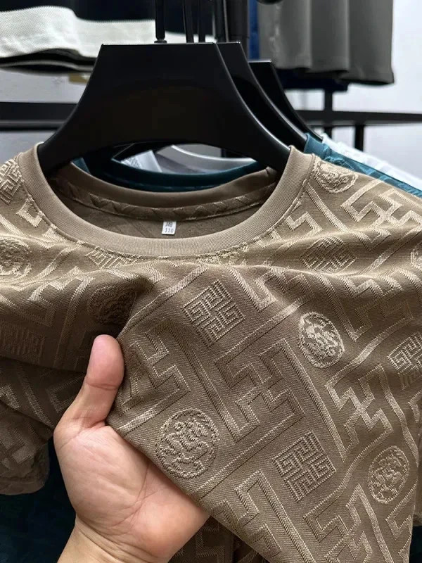 New Men’s Jacquard T-Shirt Casual Short Sleeve Round Neck Breathable Fashion TOP