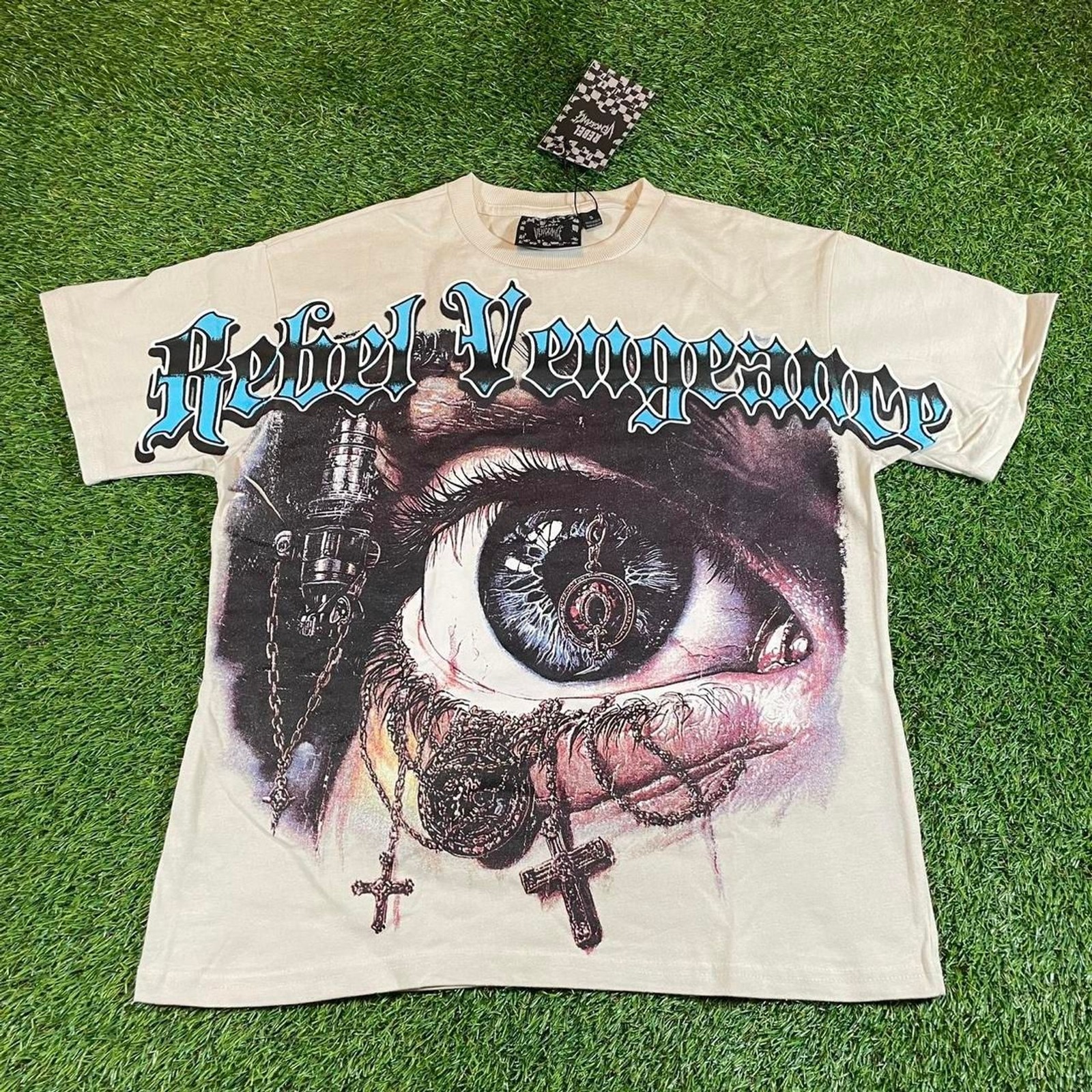 Rebel Vengeance alternative large print goth cross white cotton tee size S