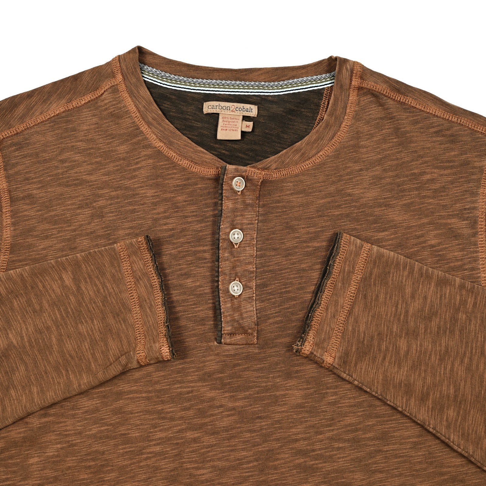 Carbon 2 Cobalt Men&rsquo;s M Heather Brown Cotton Long Sleeve Henley Shirt Casual