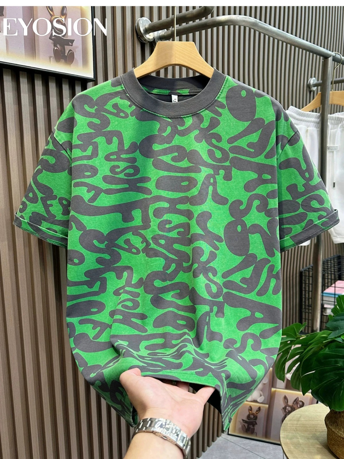 Men&rsquo;s Green Graphic T-Shirt Vintage Abstract Print Cotton Casual O-Neck Tee