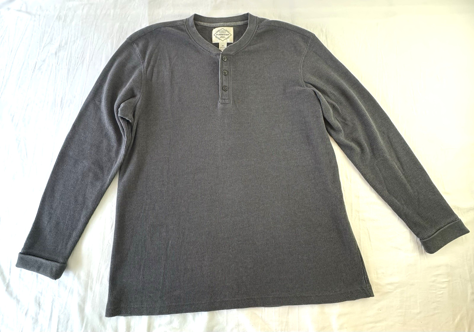 St Johns Bay Henley Men&rsquo;s 2XL Gray Waffle Knit Button Long Sleeve Stretch Shirt