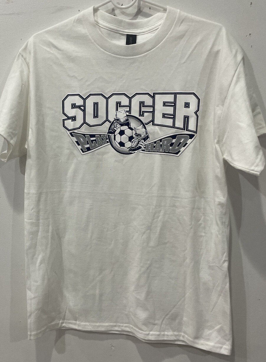 Gildan White Men T-shirt Grey Blue Soccer Graphic Size M Heavy Cotton NWOT
