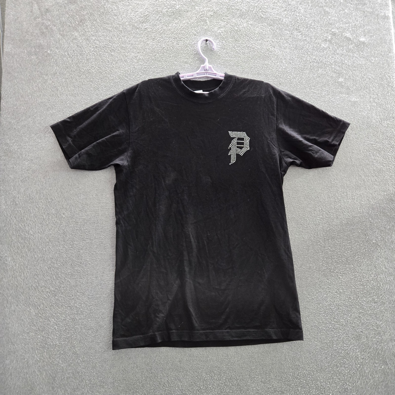 Primitive Men Shirt M Black Graphic Letter Rose Rhinestone Logo Short Sleeve