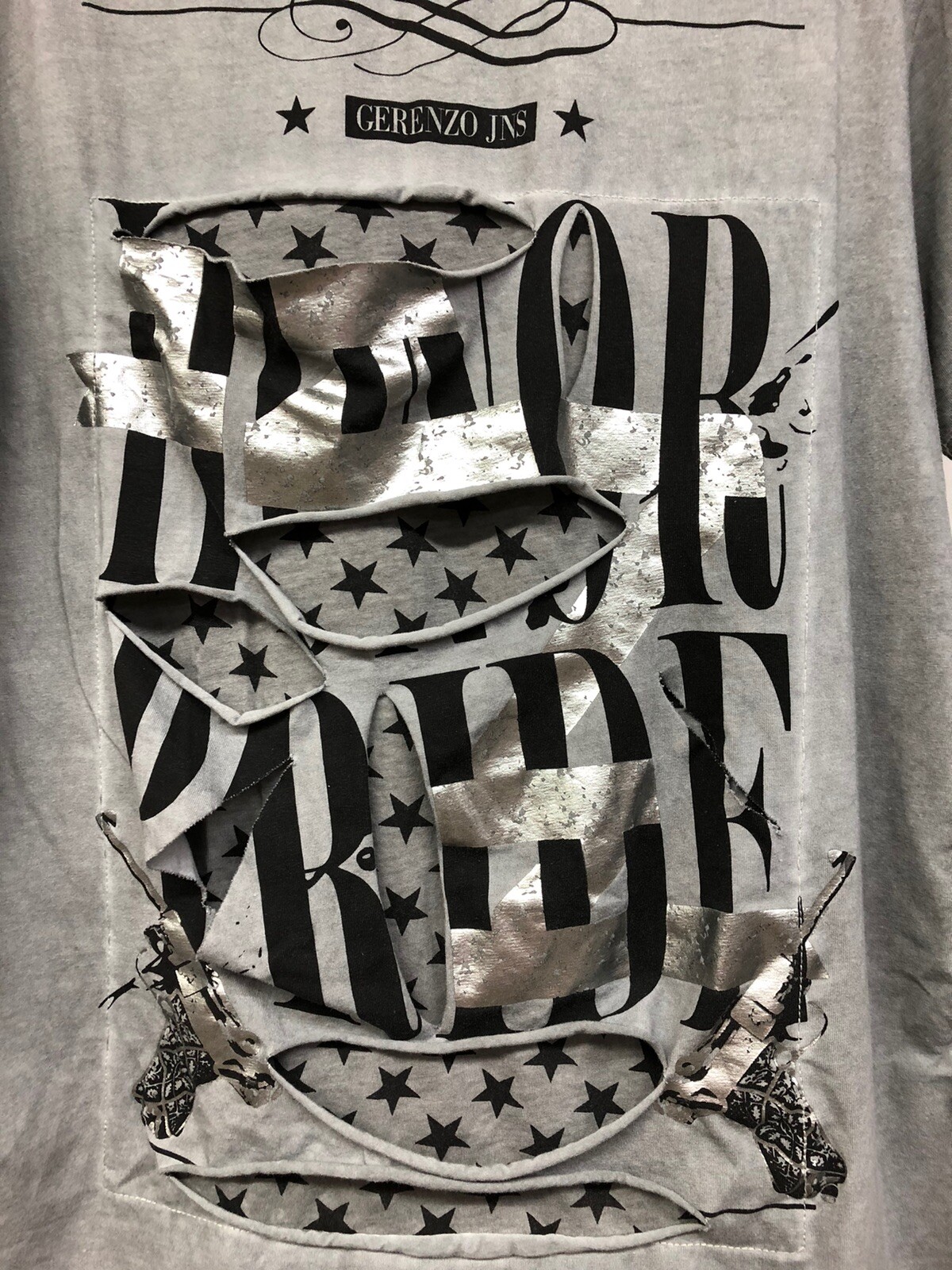 DAVID & GERENZO Sz XL Ripped & Torn Gray Foil Short Sleeve Mens T Shirt Tee