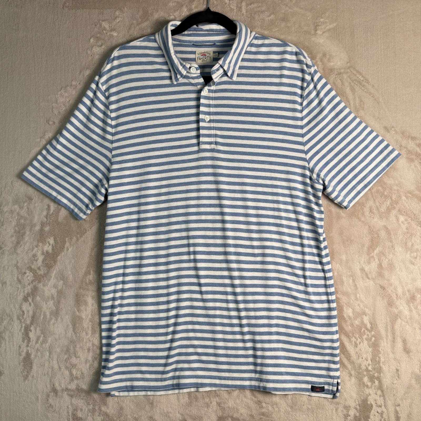 Faherty Polo Shirt Mens L Blue White Striped Short Sleeve Casual Soft Fabric