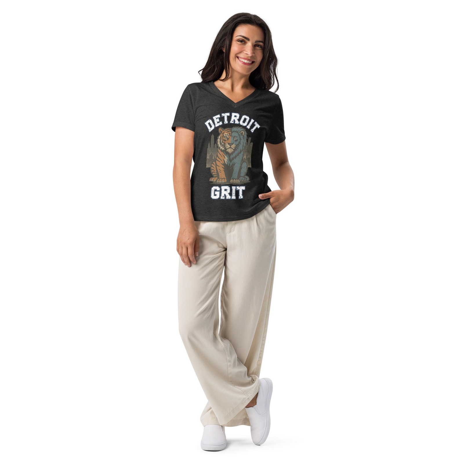 WOMENS V NECK Detroit Grit Shirt For Lions Fan Tigers Baseball All Grit Lions