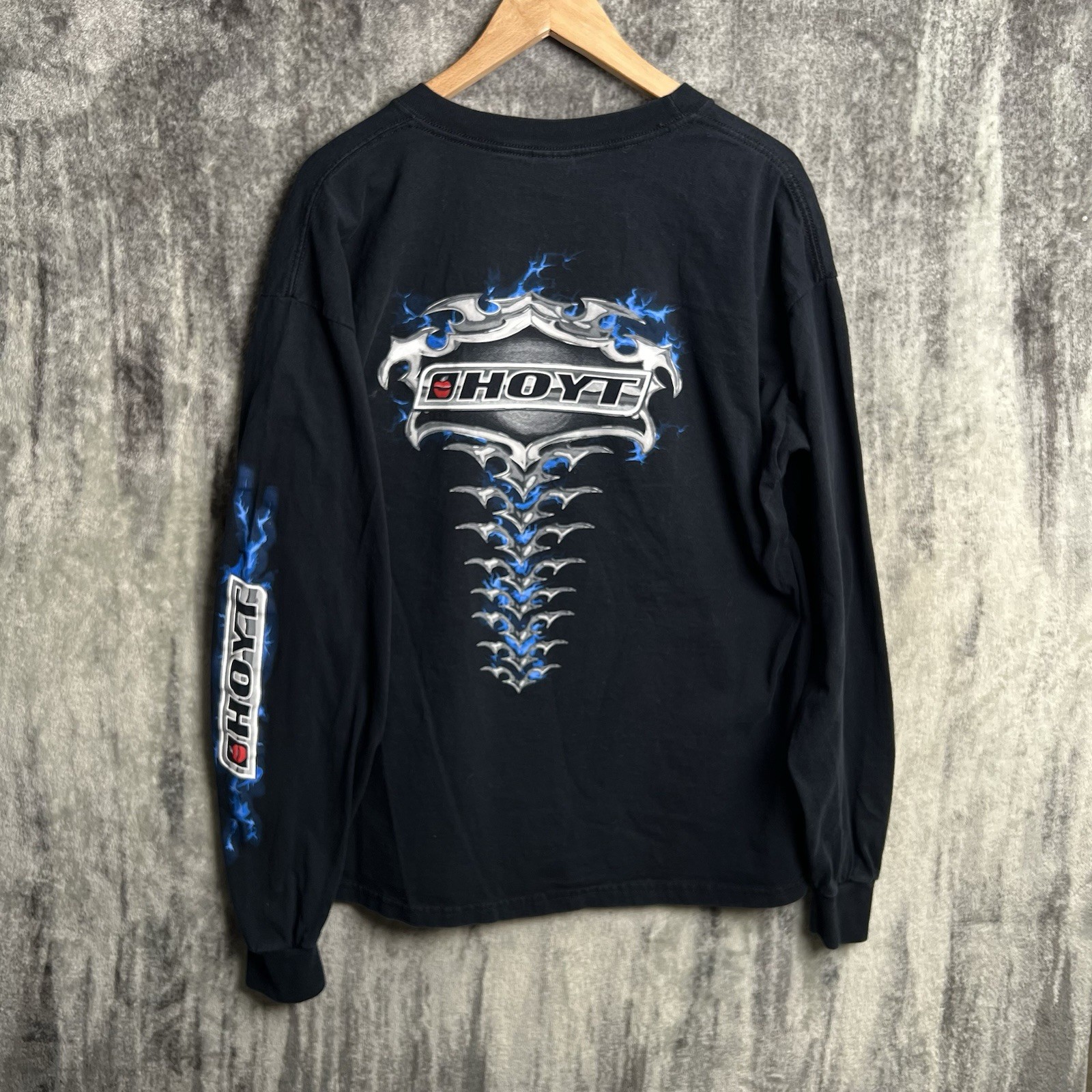 Vintage Y2K Hoyt Archery Blue Flame Long Sleeve Shirt Gildan XL Black Faded Rare