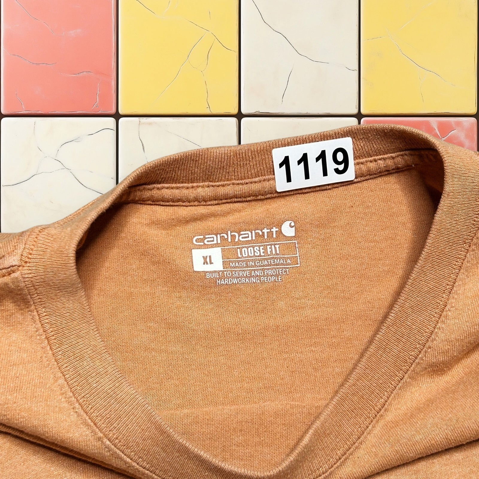 Y2K Carhartt Mens T-Shirt Loose Fit Pocket Tee Workwear Peach Orange Size XL
