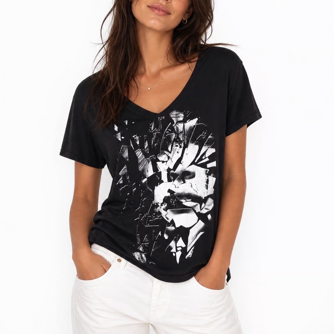 Black Cotton Shattered Glass Portrait Graphic Tee Scoop Neck XL