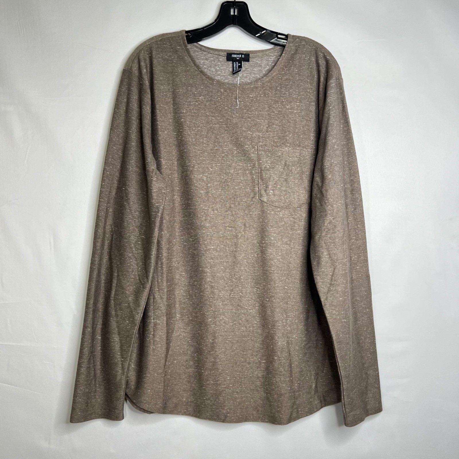 Forever 21 Brown Long Sleeve Pocket Tee Men XL Marled Crewneck Casual Minimalist