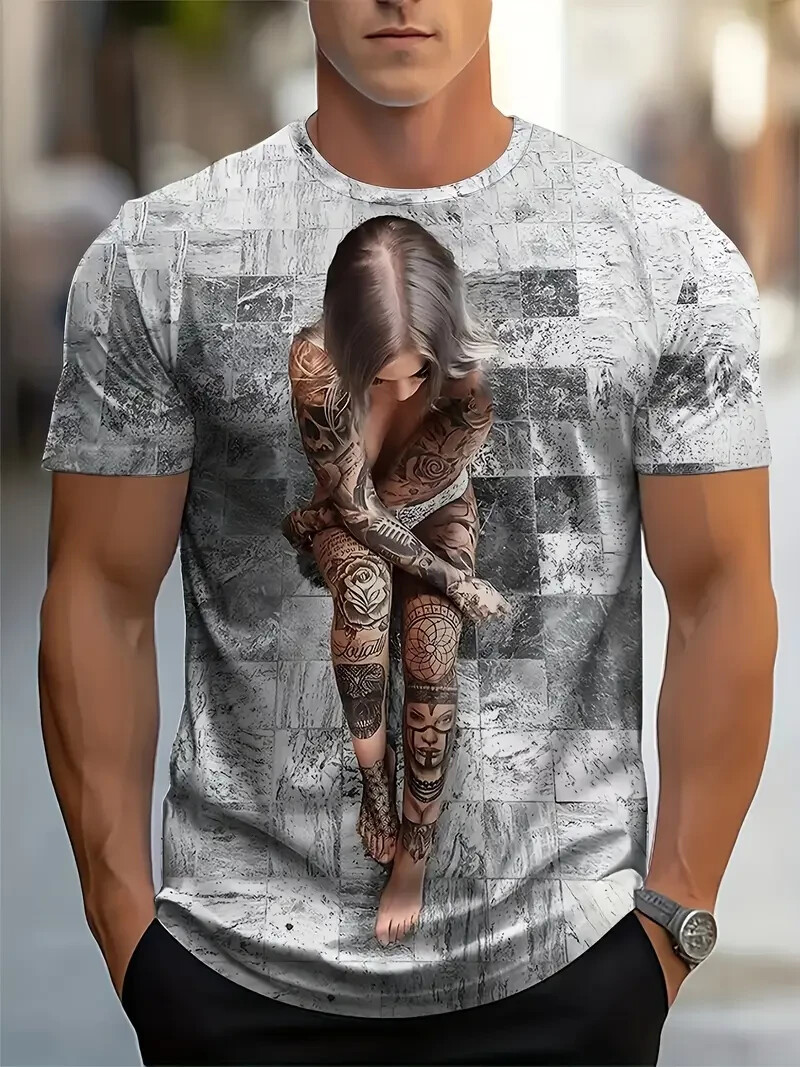 Men&rsquo;S 3D Digital Female Figure Pattern & Plaid Print Crew Neck And Short Sleeve
