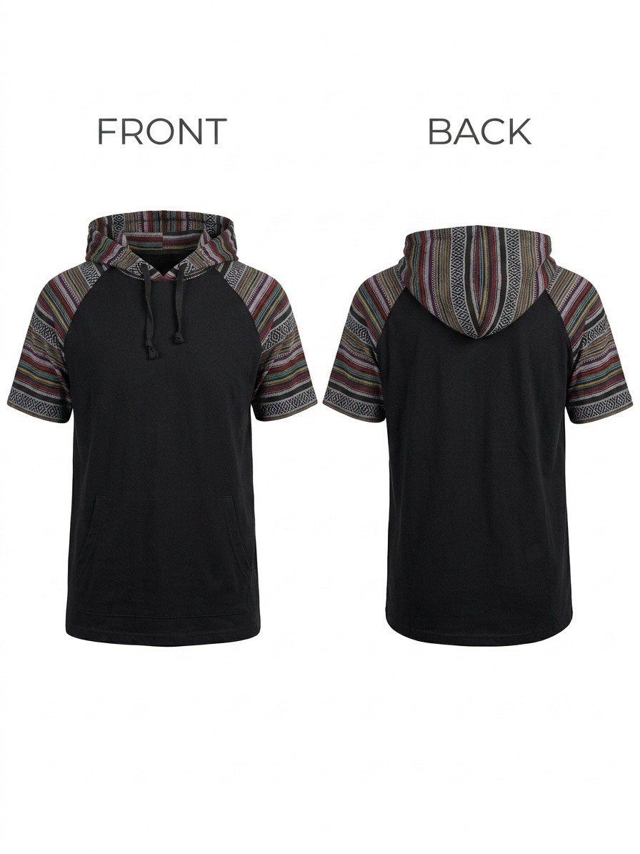 🧵Unixes Beautiful Giant Baja Hoodie Tee Black Serape Short Sleeve Mens L 09-9🧵