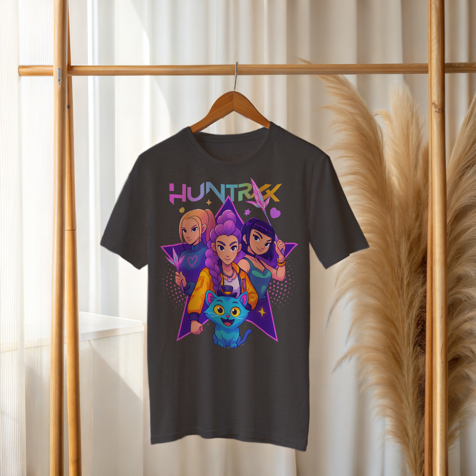HUNTRX Anime Graphic T-Shirt – Cute KPOP Inspired Cartoon Girls & Cat Tee A275