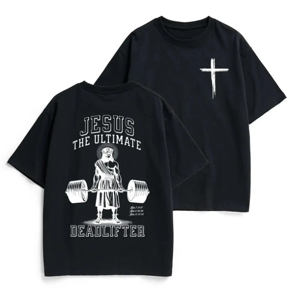 Jesus The Ultimate Deadlifter Cross Cotton Shirt Double Sided Christian Gym S-5X