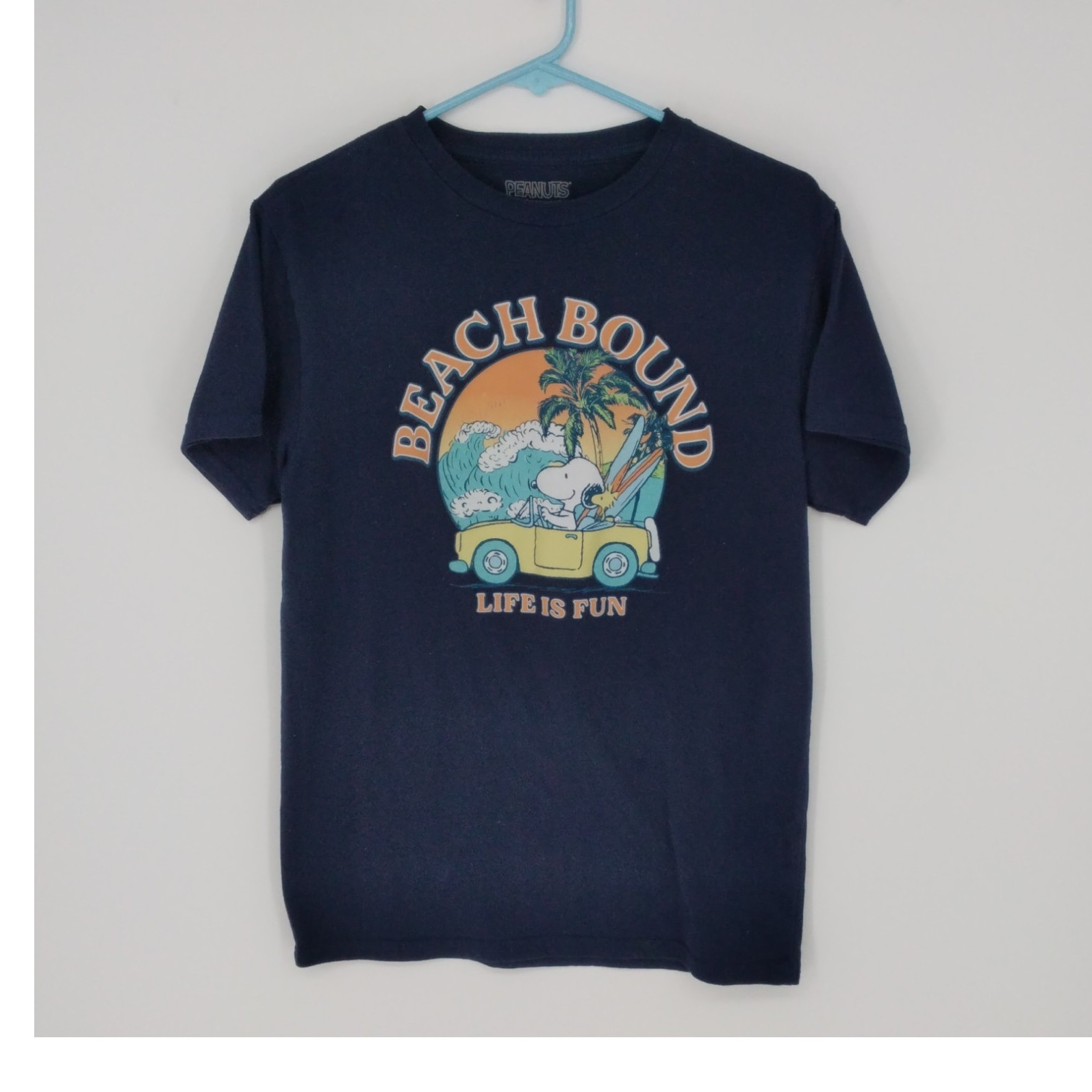 Peanuts Snoopy Men&rsquo;s M Blue « Beach Bound Life Is Fun » Crew Neck T-Shirt