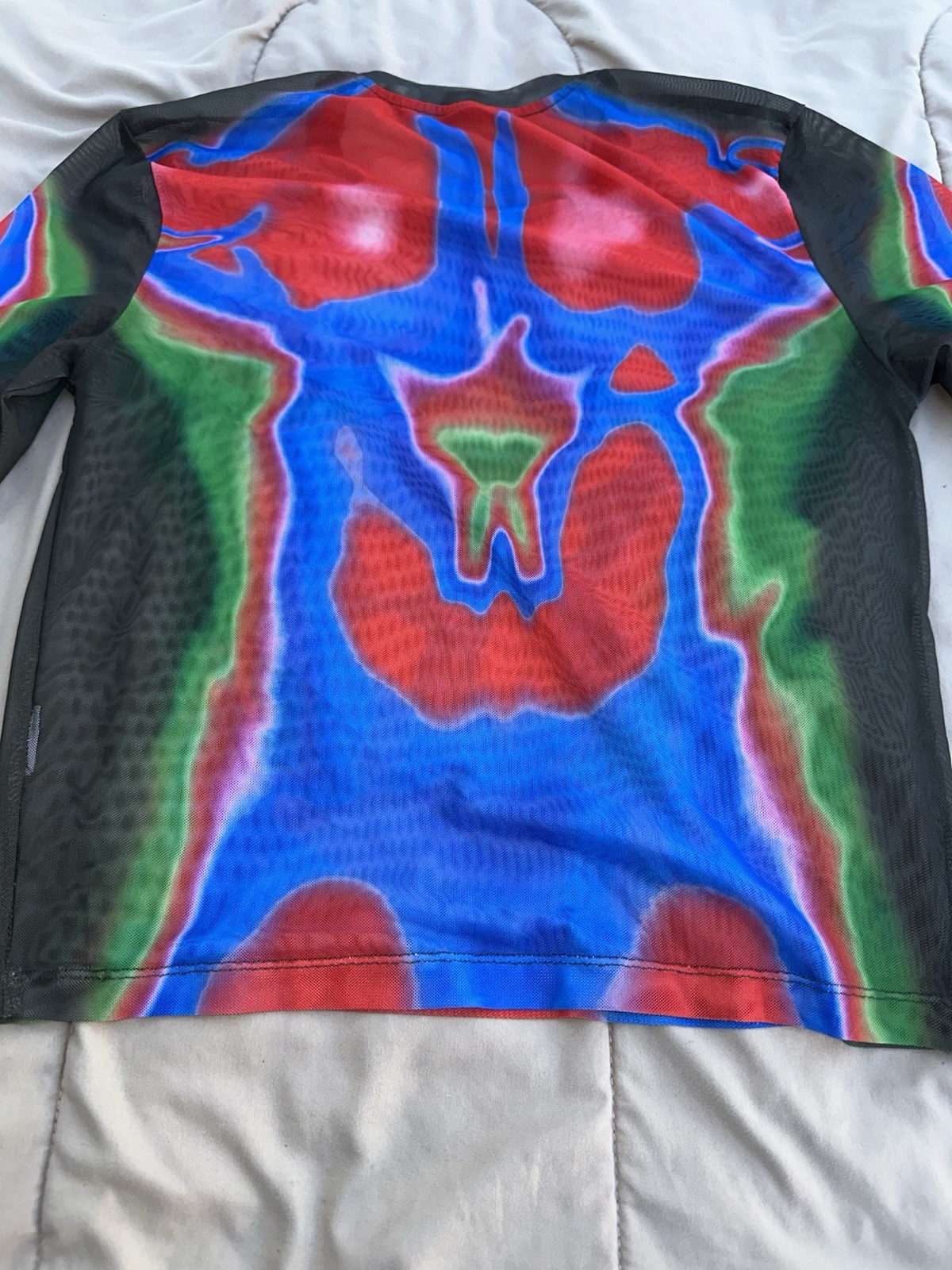 Fever City Red, Blue Black Vibrant Body Heat Map Print Long Sleeve Mesh Tee M