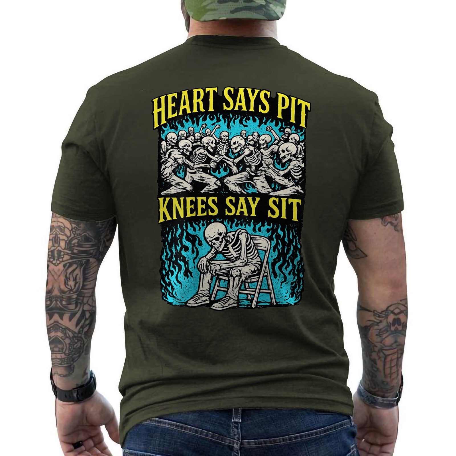 Heart Says Pit Knees Say Sit Funny Skeleton Gym And Concert ON BACK T-Shirt