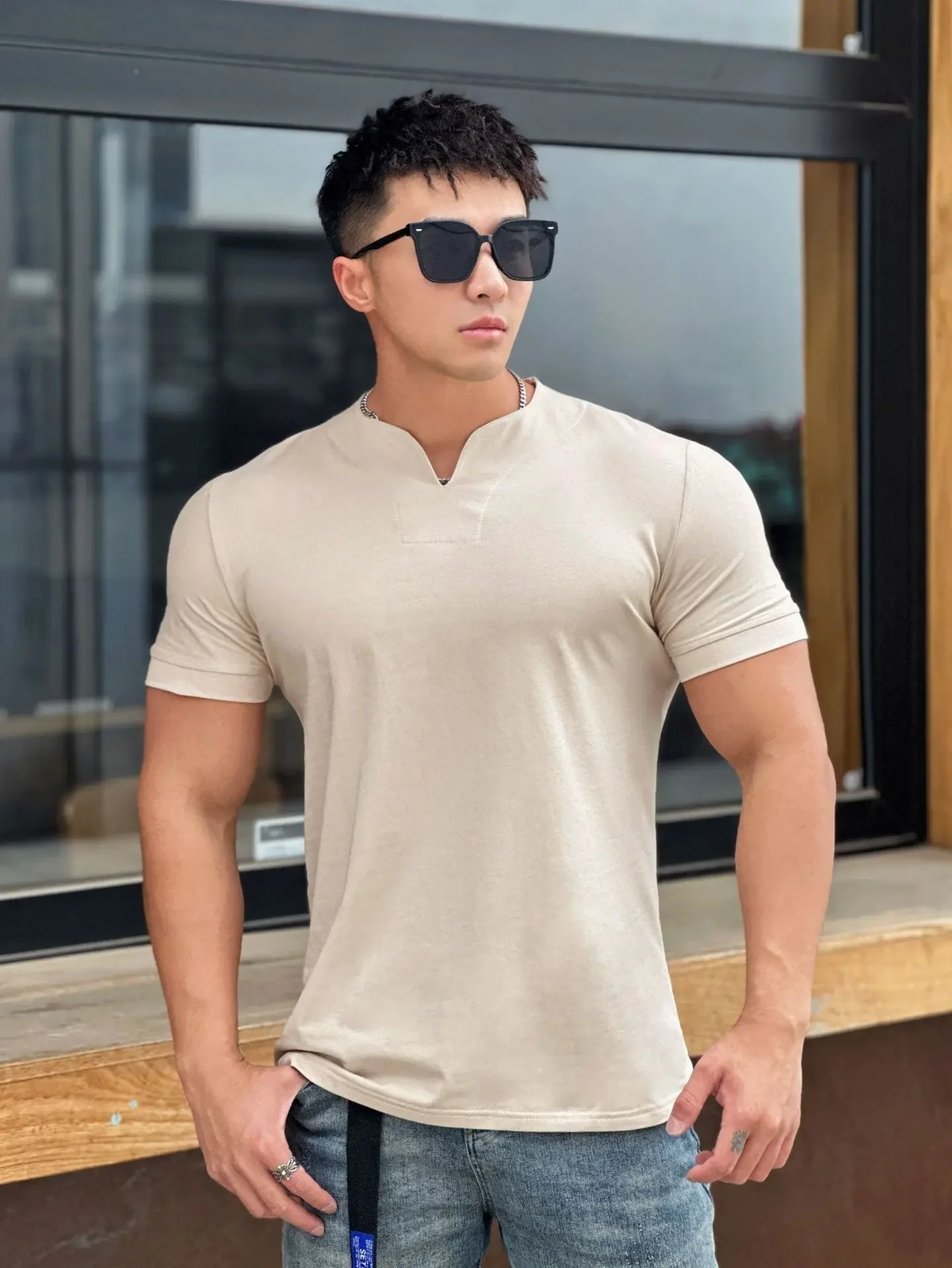 Mens Clothing New Fashion V neck Short Sleeve T Shirt Men Slim Fit T-shirt Men c