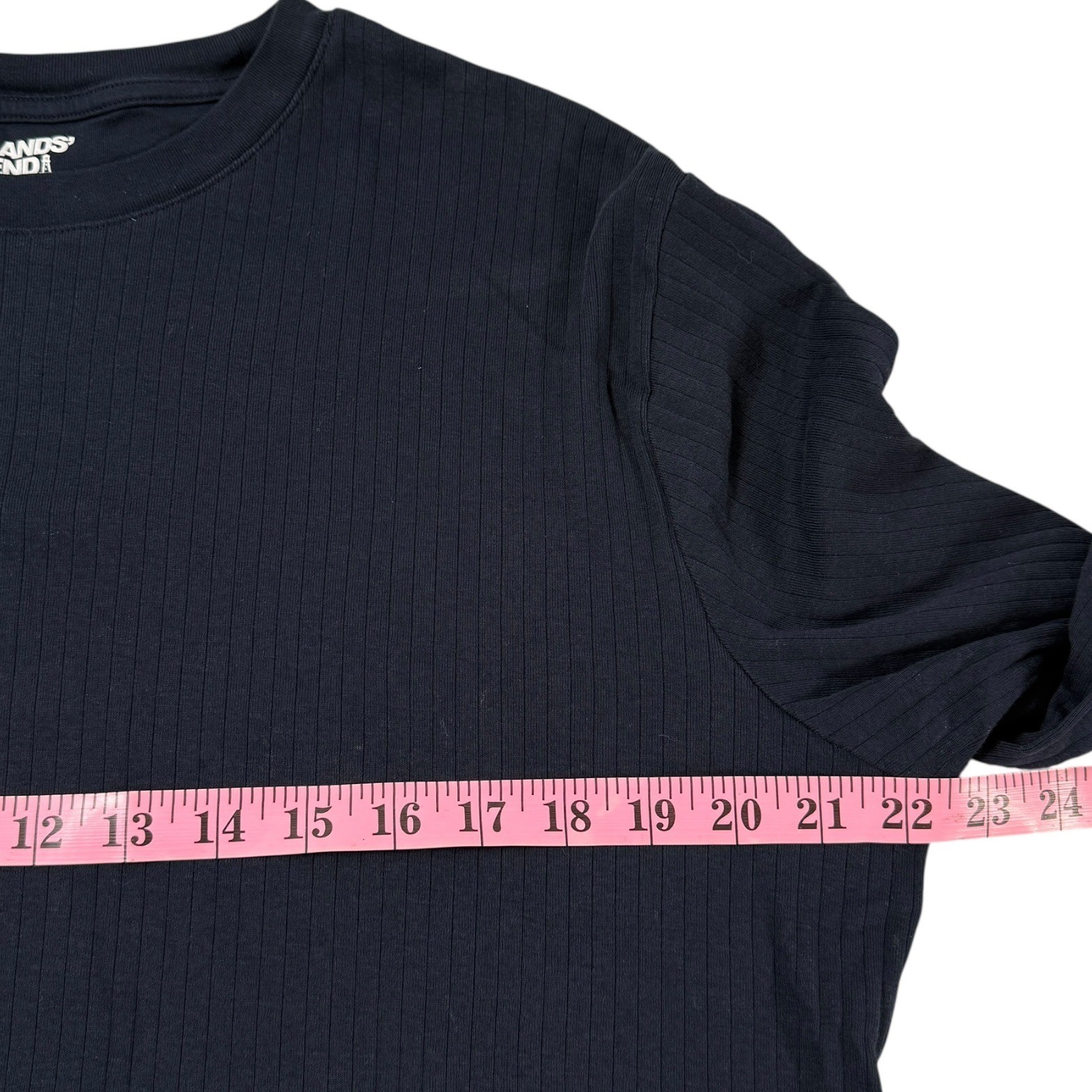 Lands End Mens Crew Neck Large Navy Blue Ribbed Long Sleeve 100% Cotton T-Shirt