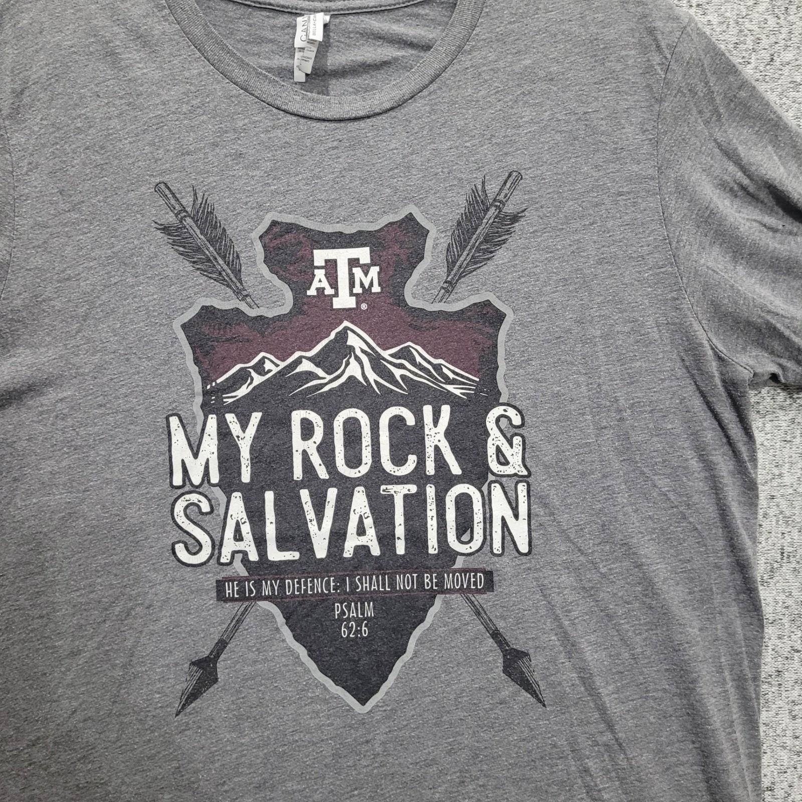 Texas AM Bella Canvas Grey T-Shirt My Rock Salvation Psalm 62:6 Aggies Mens L