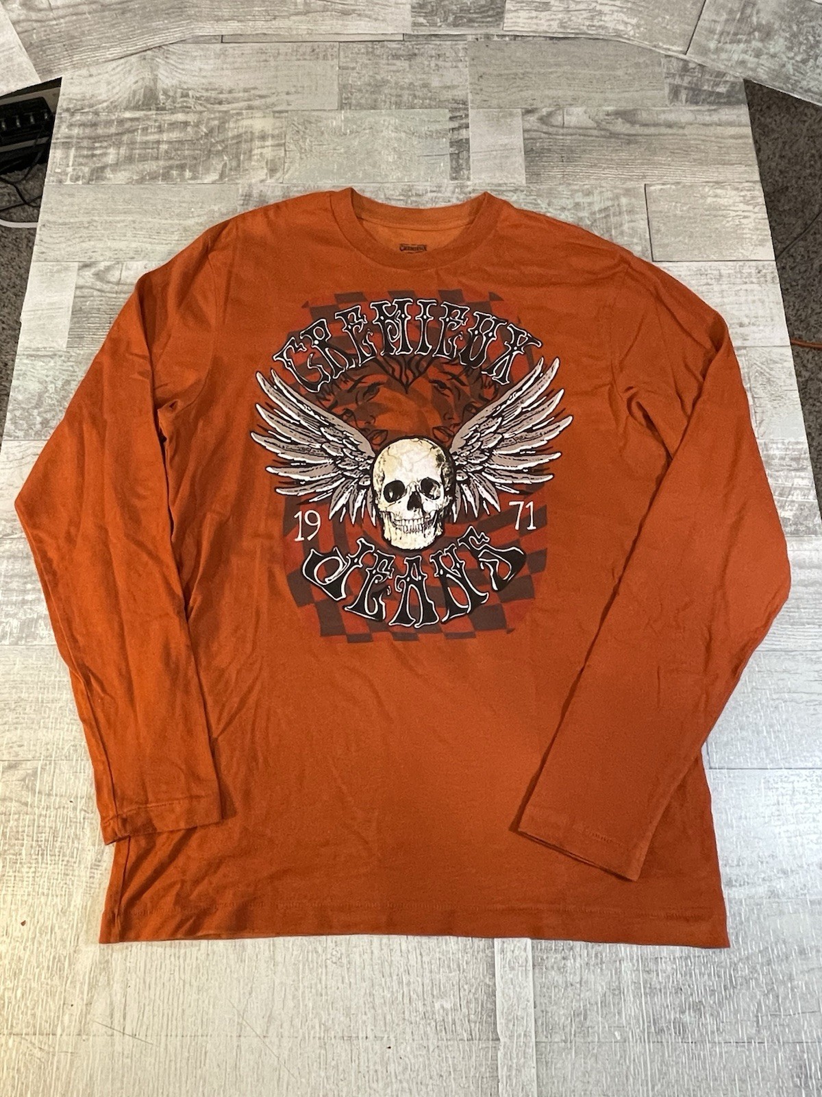 Cremieux Jeans Men’s Medium Long Sleeve Orange T-Shirt Skull Wings Biker