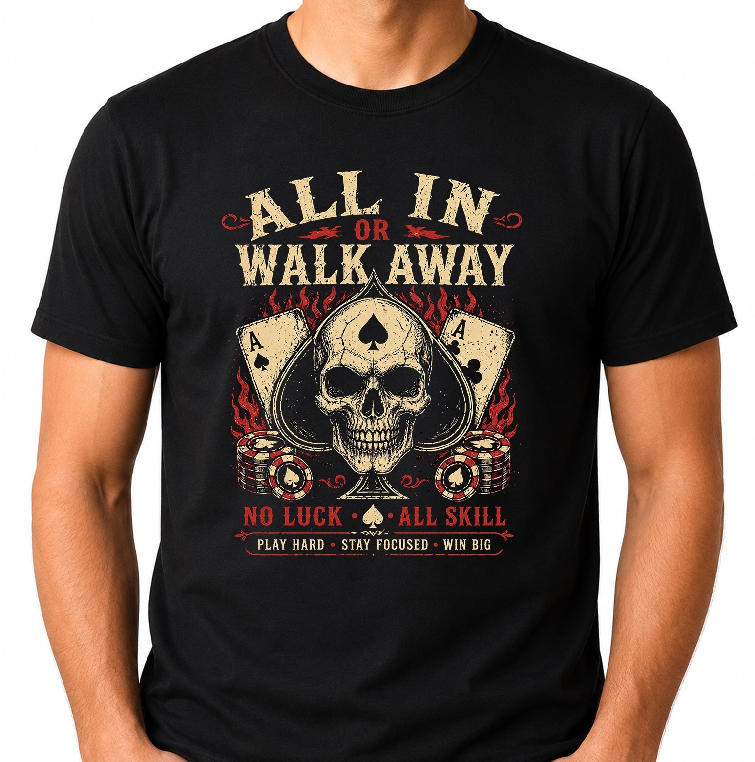 Skull Poker All In Graphic Ace Spade Cards Gambling Casino Walk Away Flame Tee.