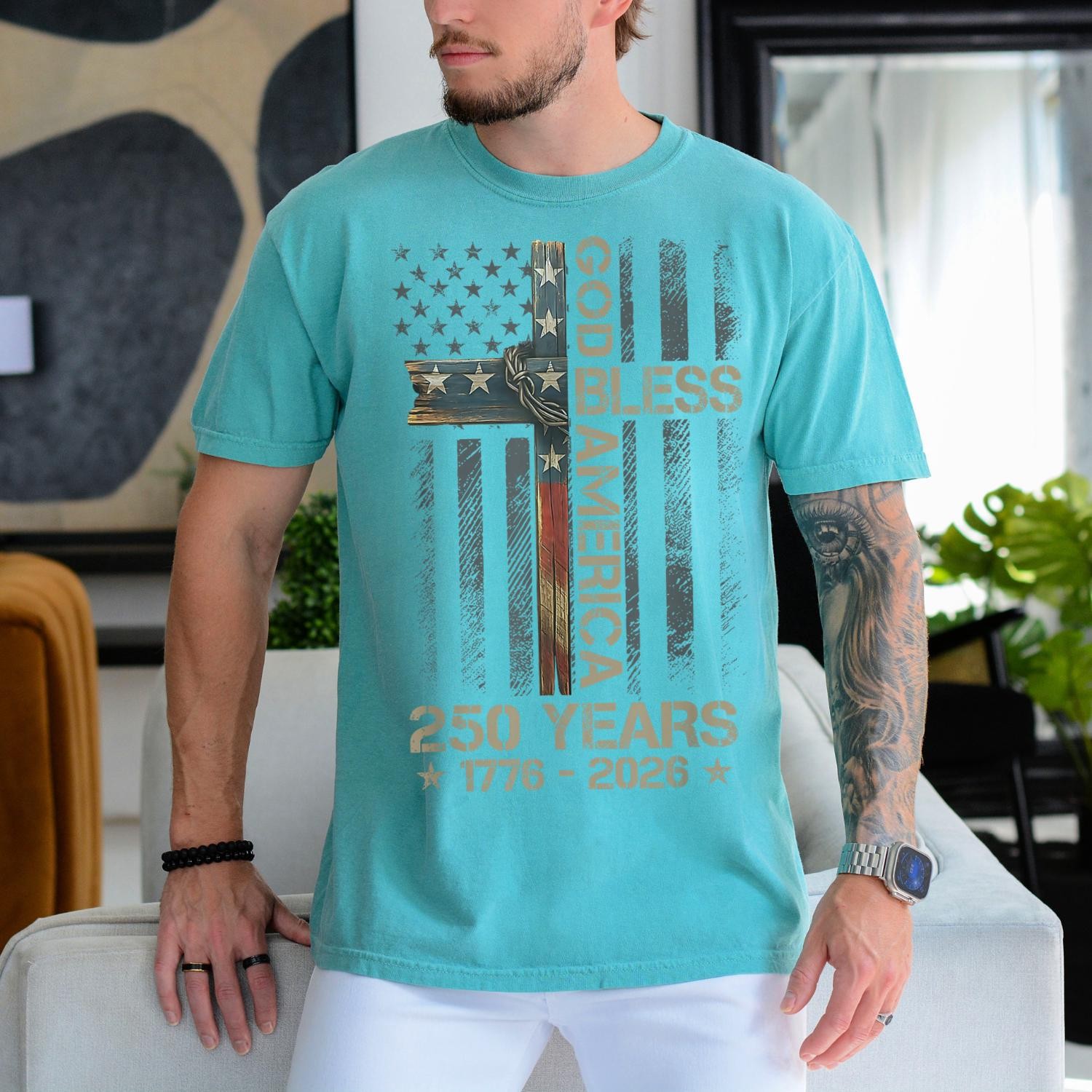 Patriotic Cross T-Shirt 250 Years 1776-2026 USA Flag Christian Tee