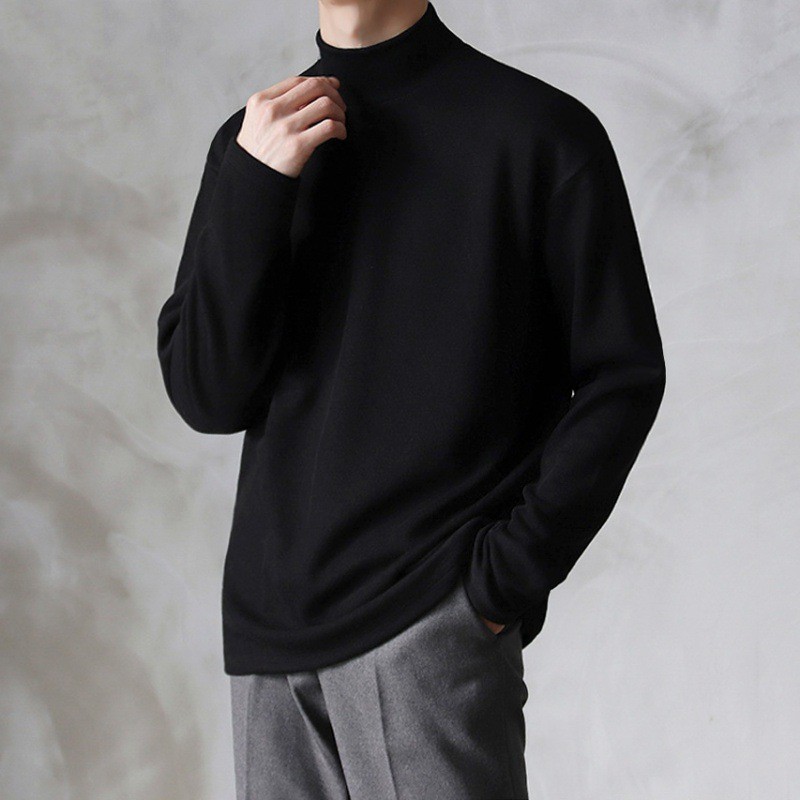 Mens Bottoming Long Sleeved Tee Thin T-Shirt Half Turtleneck Loose Crewneck Tops