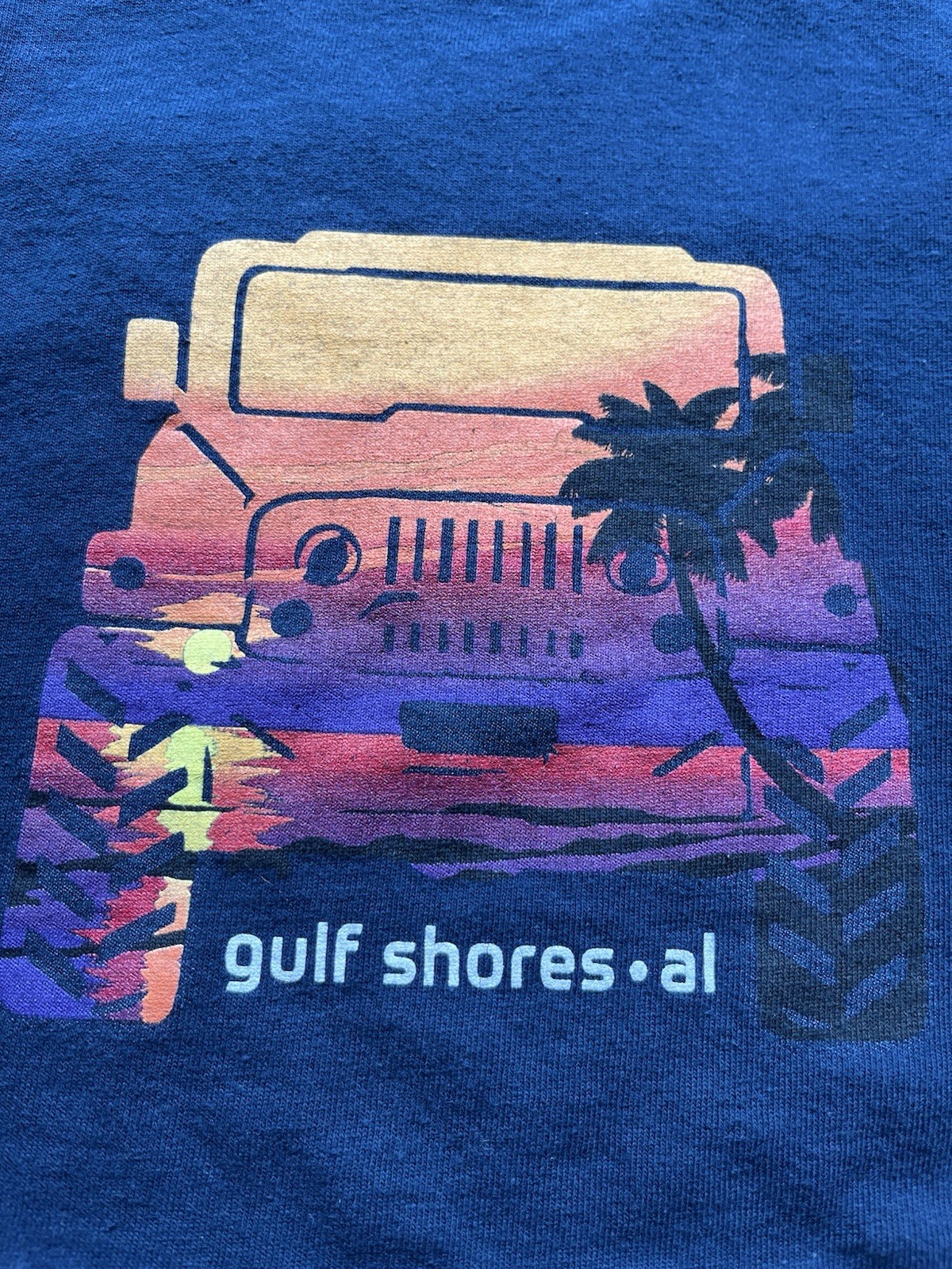Gulf Shores Jeep Sunset Travel Souvenir Adult Size Small T-shirt ~ Navy Blue