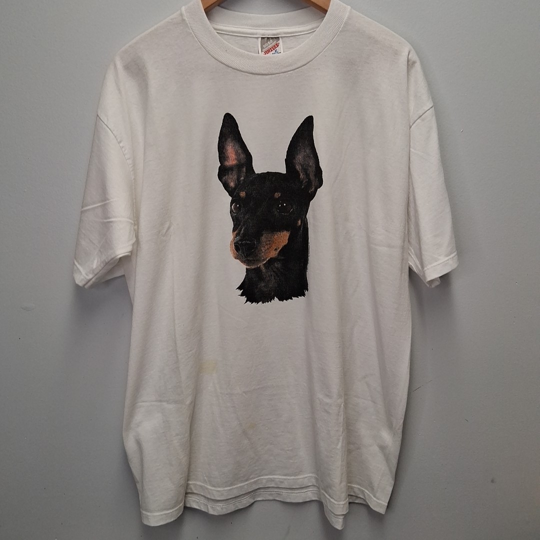 Vintage90&rsquo;s Mini Doberman Pinscher T-Shirt Sz L Dog Jerzees White 1995 50/50 USA