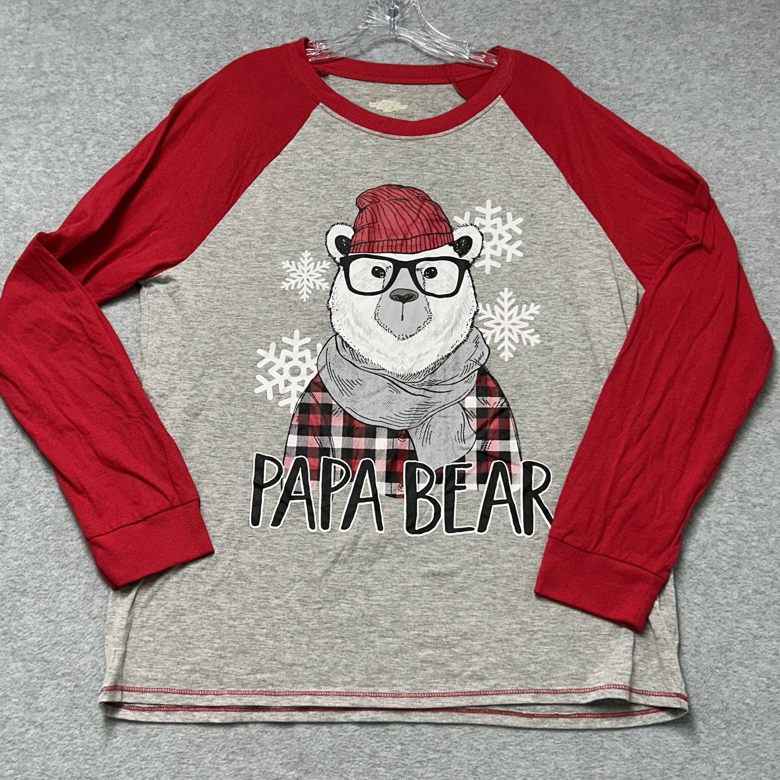 T-Shirt Mens Sz L Raglan Papa Bear Snow Flakes Christmas Graphic Red Gray