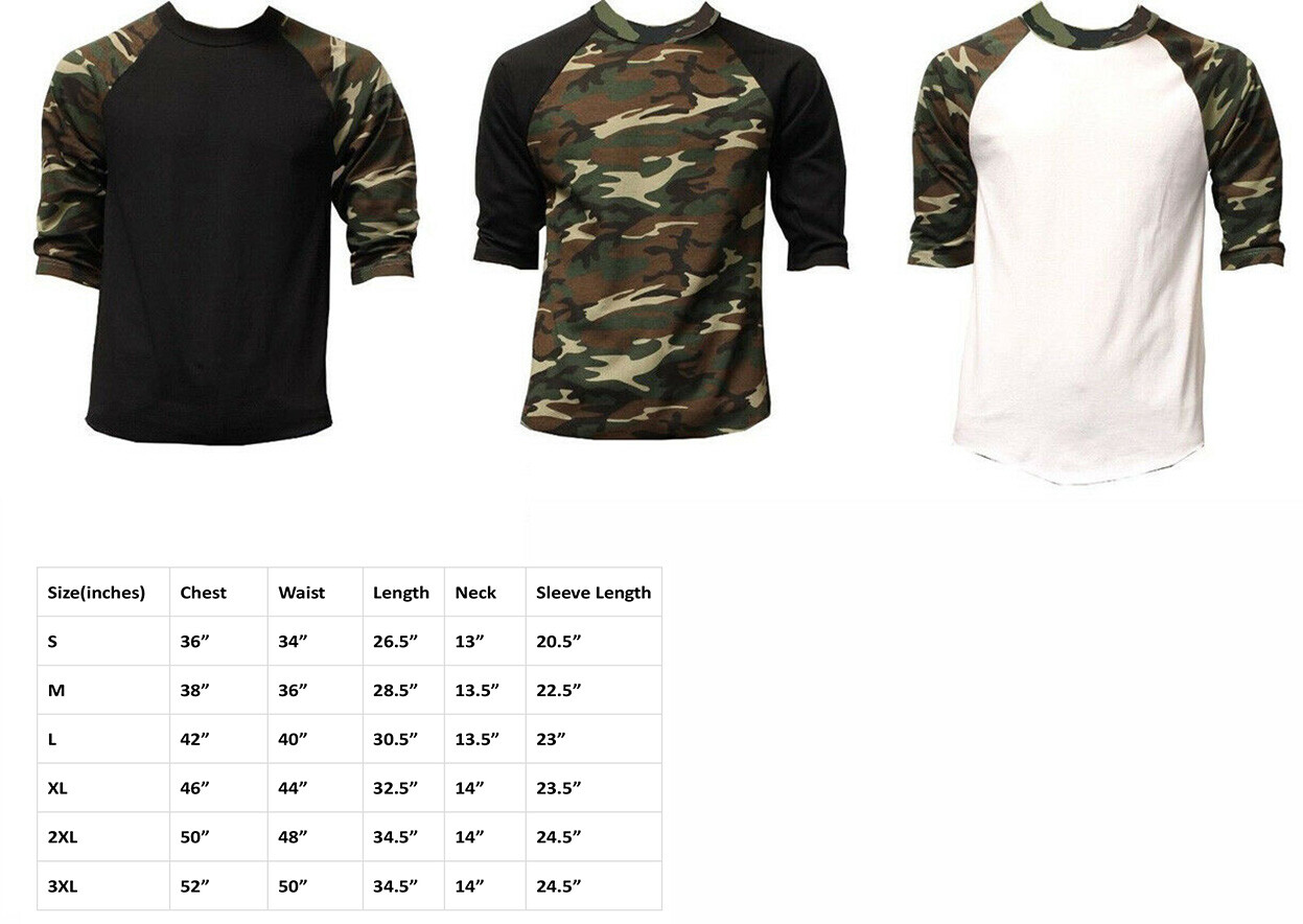 New 3/4 Sleeve Camo Raglan Baseball Mens Army Camouflage Sports T-Shirt S-3XL