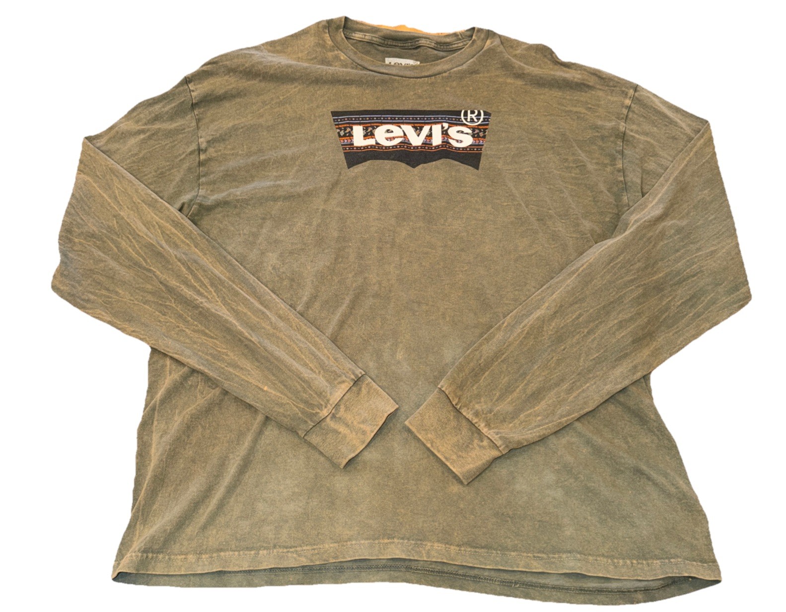 Levi’s Long Sleeve Acid Wash T-Shirt Men’s XL Graphic Crew Neck Olive Green Rare