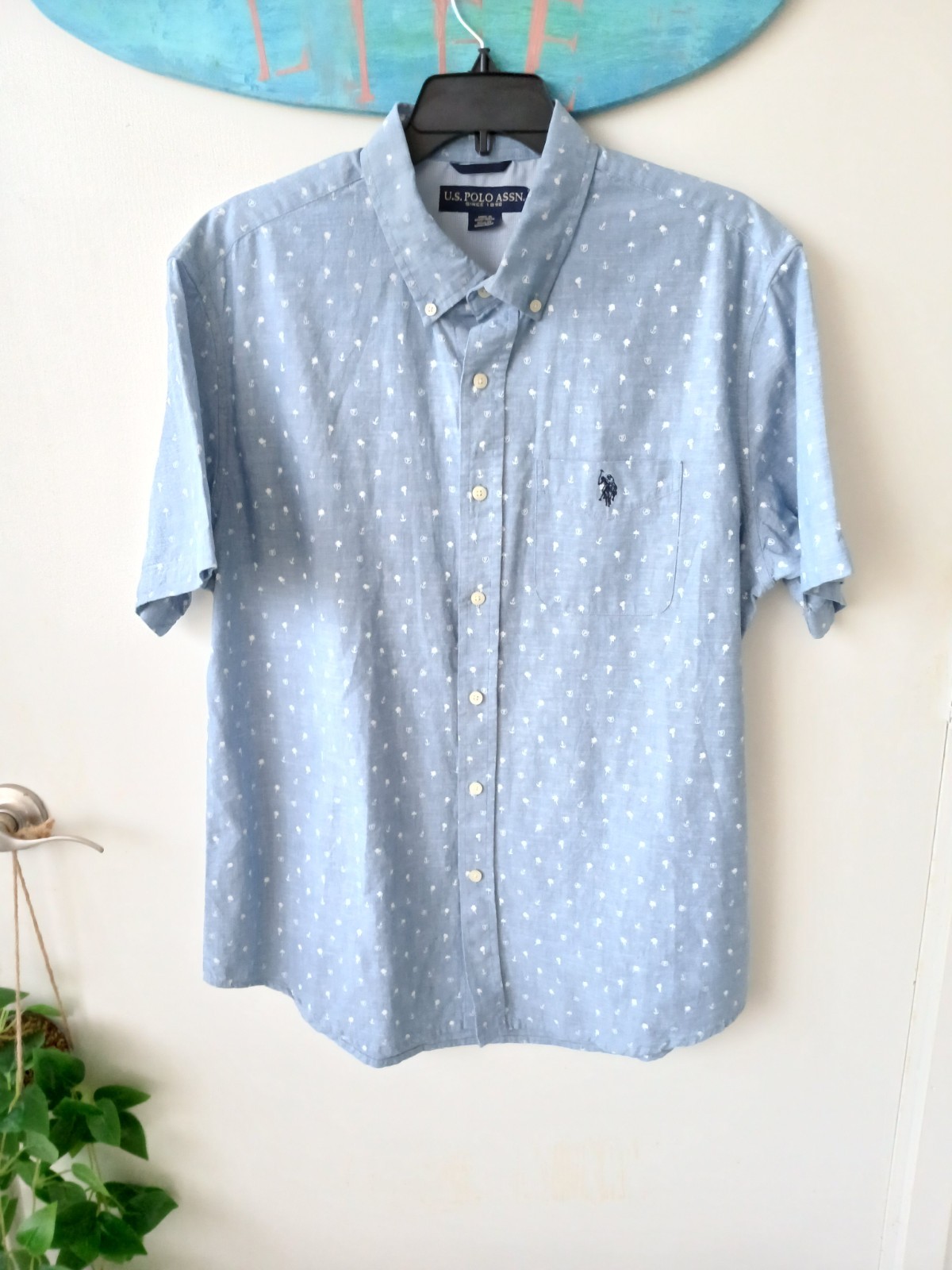 Polo Assasin Mens Sz L. Blue Tiny Palm Trees & Anchors Button Down Soft Cotton
