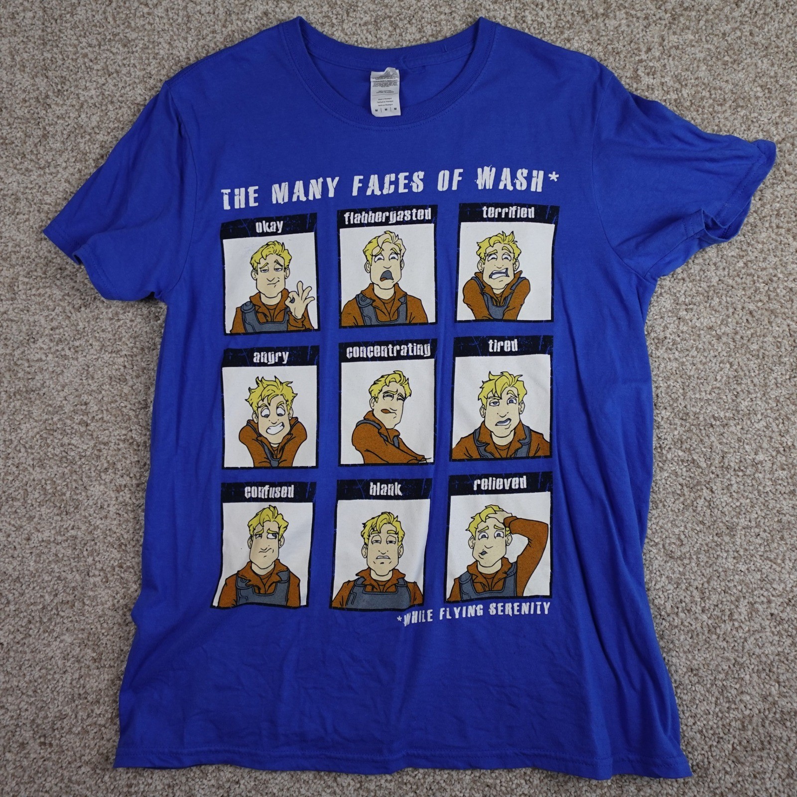 Firefly Serenity The Many Faces of Wash Blue Graphic T-Shirt Mens Medium Gildan