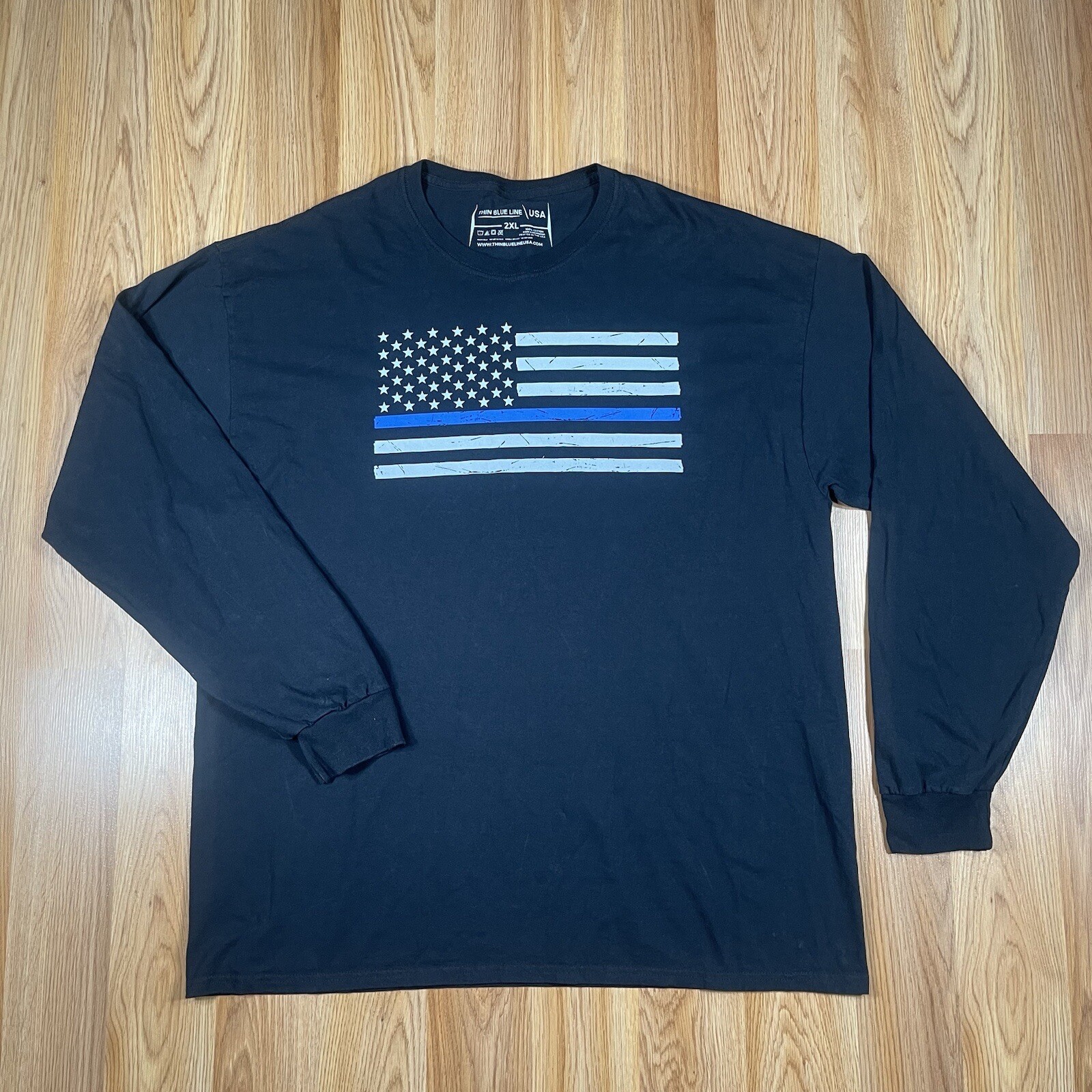 Thin Blue Line Long Sleeve T-Shirt Adults 2XL Black American Flag 100% Cotton