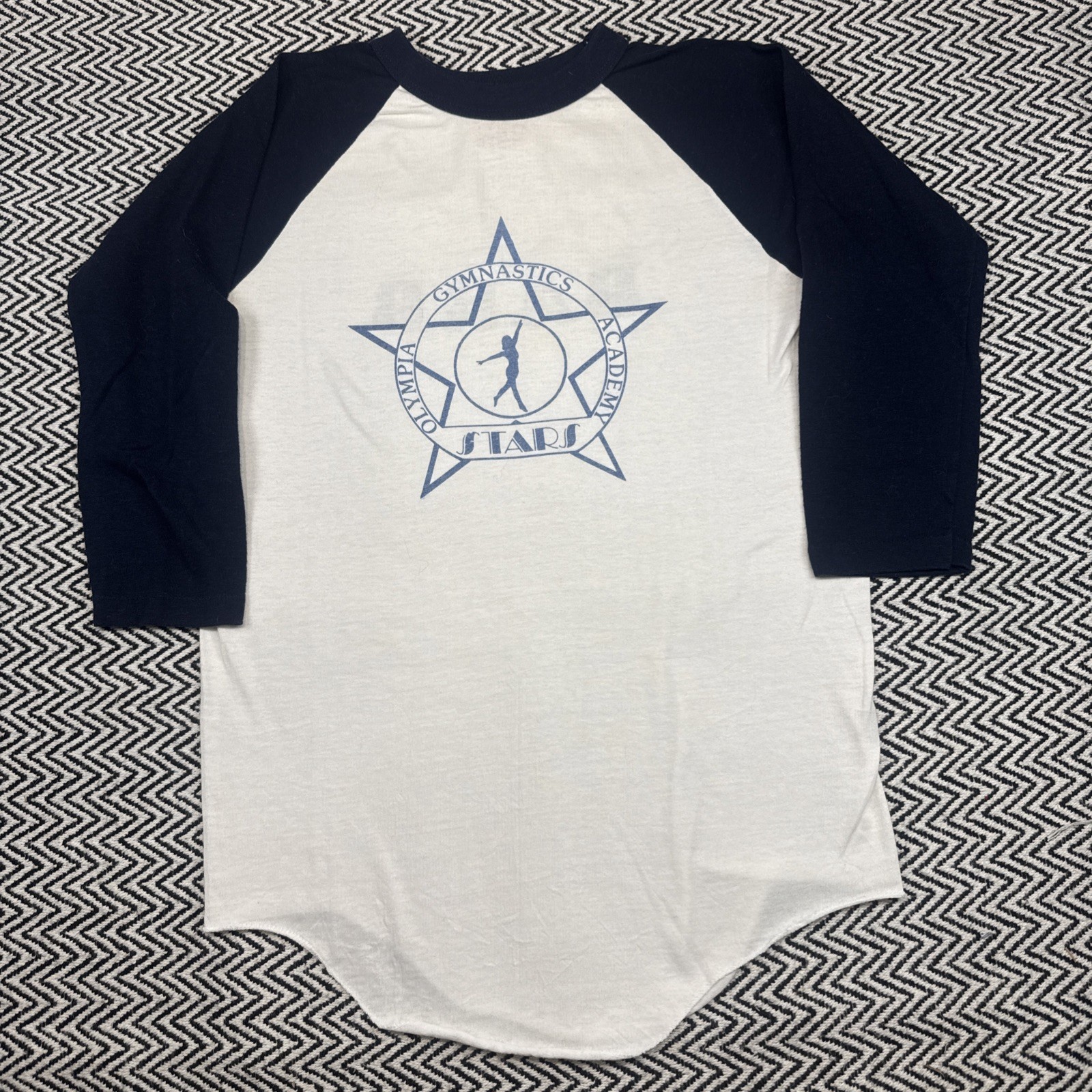 VTG 80s Olympia Gymnastics Academy SIZE SMALL Blue Raglan White Shirt T-Plus Tag