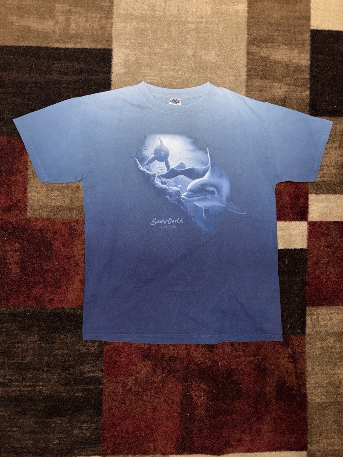 Vintage Sea World Dolphin Shirt Mens Large Two-tone Aquatic Blue