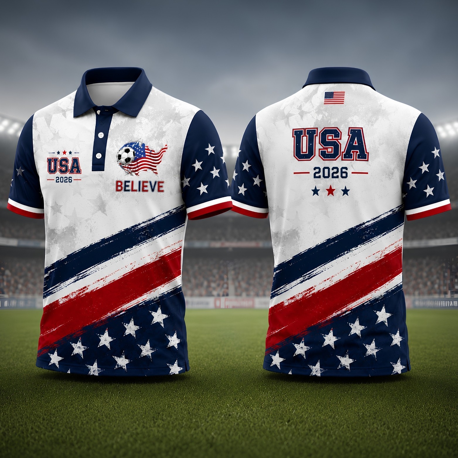 American Soccer Golf Shirt Men USA Patriotic Flag Soccer Fan July 4th Tee(S-5XL)