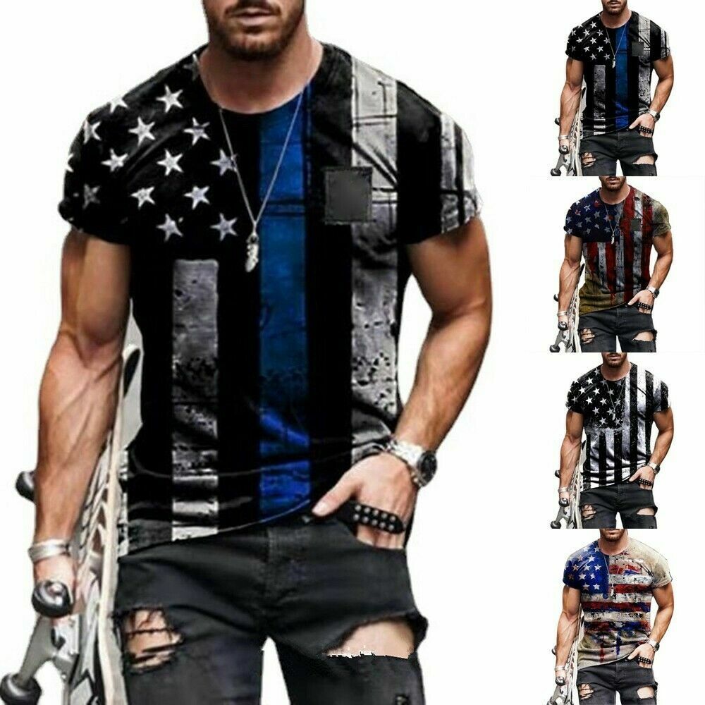 USA Distressed police Flag Men T Shirt Gym Workout patriotic tee eagle skull