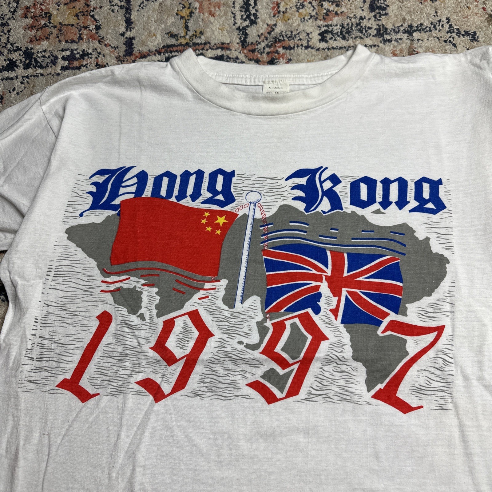 Vintage Hong Kong 1997 T Shirt XL White Great Britian Transfers Control
