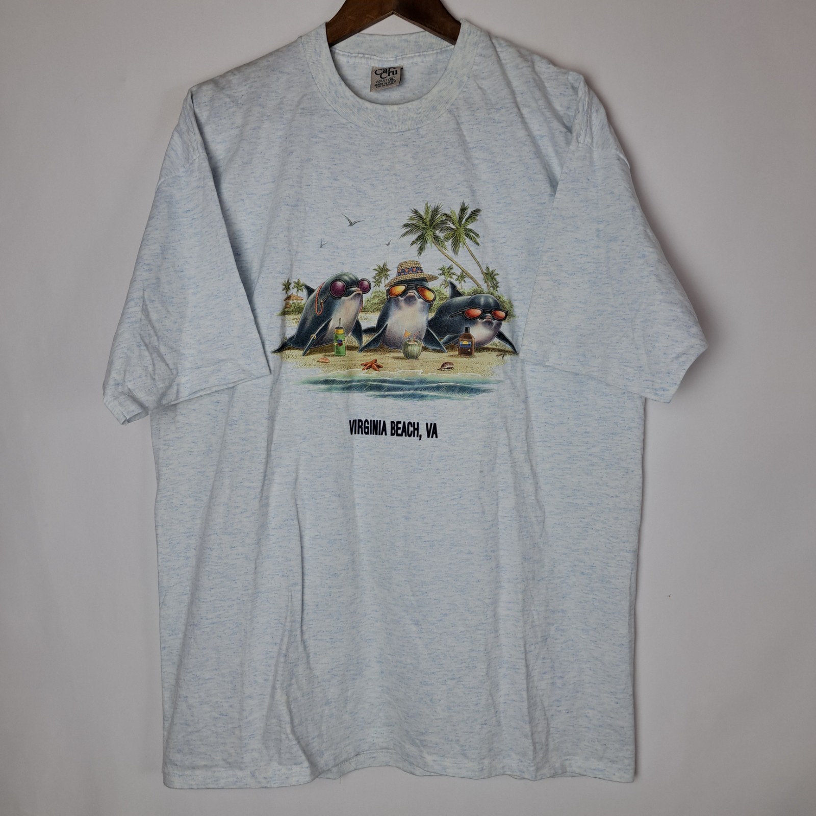 Vintage Virginia Beach T-Shirt Mens XL Gray Cal Cru SS Dolphin Single Stitch USA