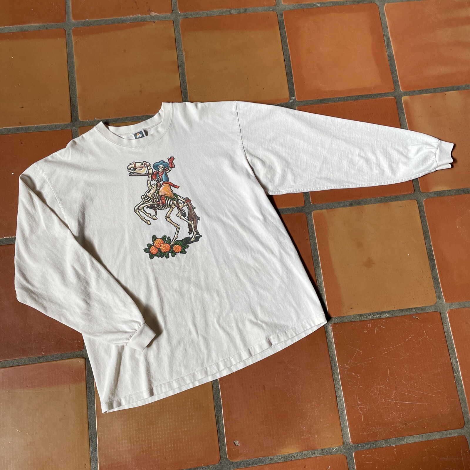 Cotton Deluxe Mens XL Made In USA Skeleton Cowboy On Horse Long Sleeve T-Shirt