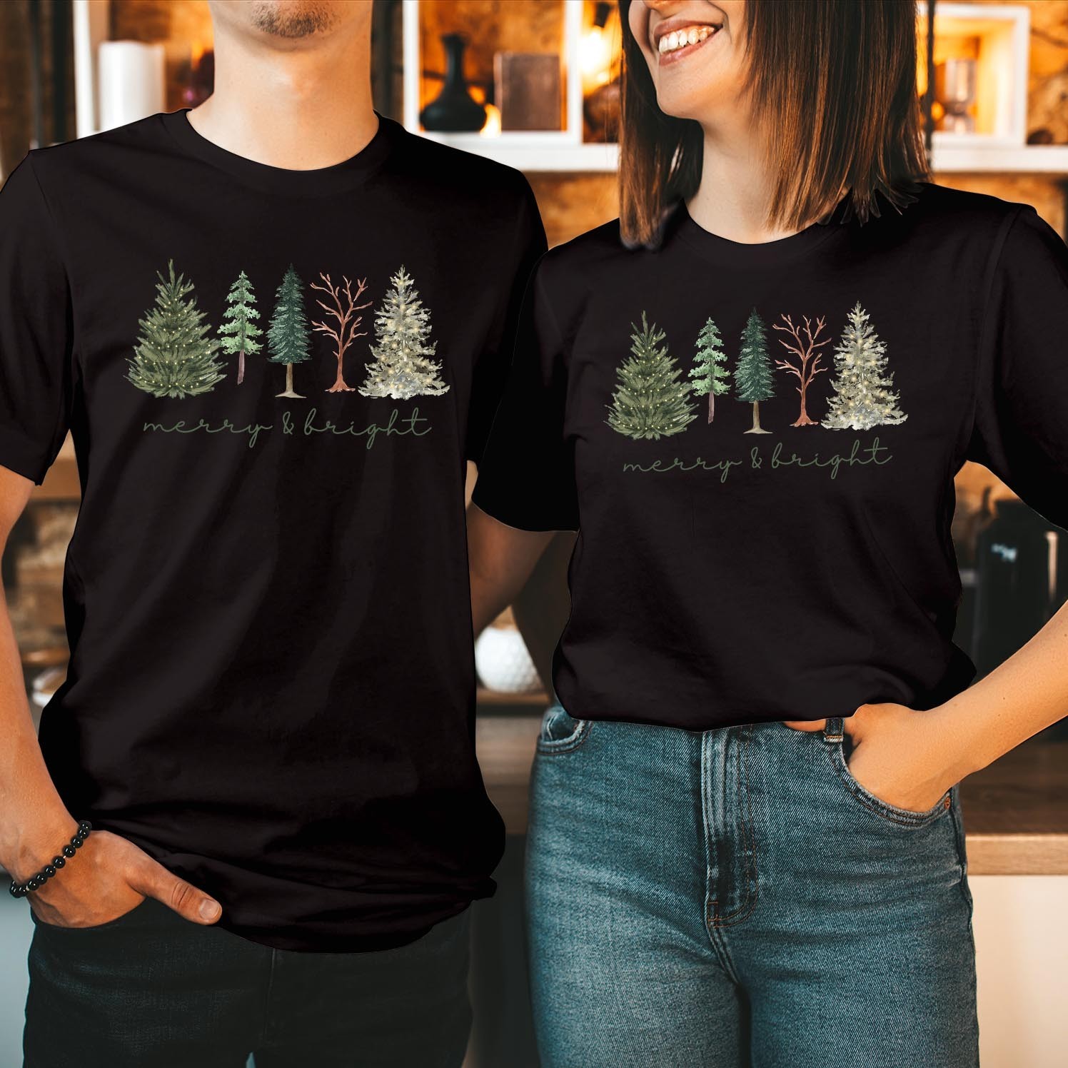 Merry & Bright Christmas Tree T-Shirt Watercolor Boho Xmas Holiday Shirt T-5162